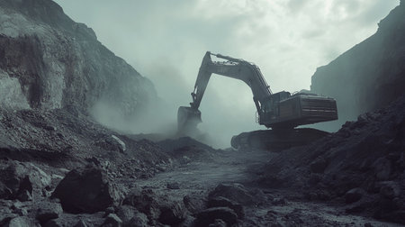 Big excavator working in a quarry. 3D Rendering.の写真素材