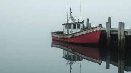 Fishing boat in a foggy morning at the port of Gdansk, Poland