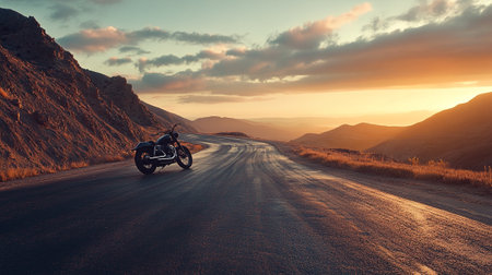 motorcycle on the road at sunset in the mountains. 3d renderingの写真素材