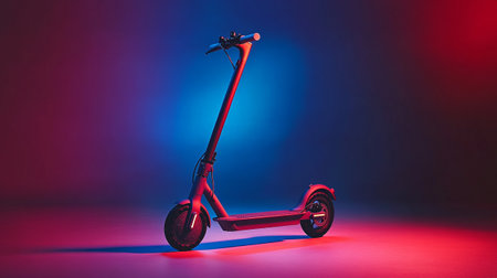 Electric scooter in neon light on dark blue background. Side viewの写真素材