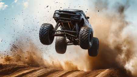 Off-road vehicle on a dirt track. 3d rendering.の写真素材