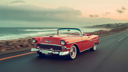 Classic american car on the beach at sunset, 3d renderの写真素材