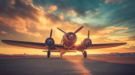 Old airplane in the airport at sunset. Vintage toned image.の写真素材