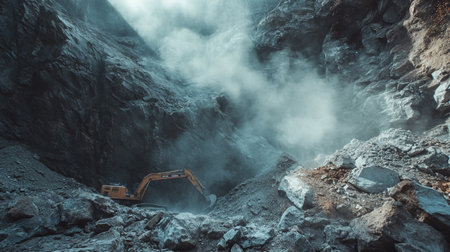 Excavator working in the crater of Mount Bromo, Java, Indonesiaの写真素材
