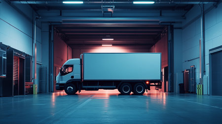 3d rendering of a commercial delivery truck in a warehouse with lightsの写真素材