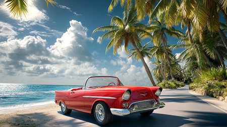 Classic car on the beach with palm trees and blue sky. 3d render