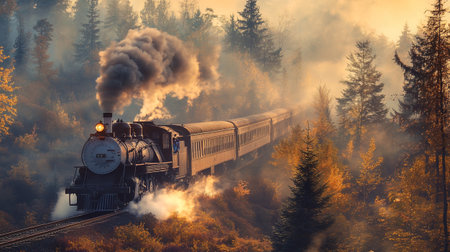 Old steam locomotive in foggy autumn forest. 3d rendering