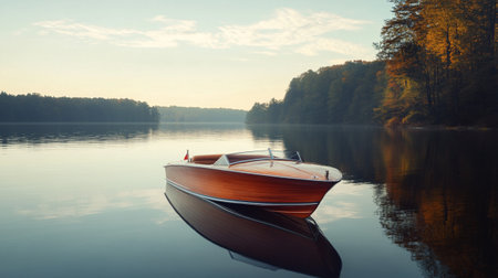 Boat on the lake at sunrise. Beautiful summer landscape. Vintage style.の写真素材