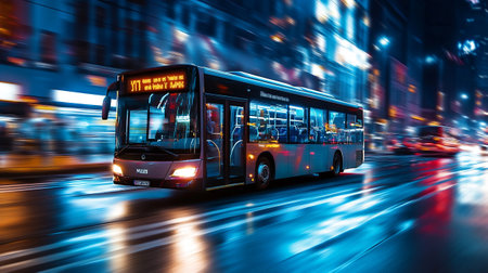 Bus on the road in the city at night, Hong Kong.の写真素材