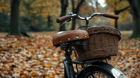 bicycle in the park with basket and fallen leaves in autumn timeの写真素材