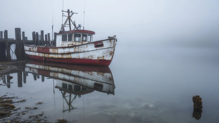 Fishing boat in a foggy morning, with a reflection in the waterの写真素材