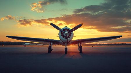 Aircraft on the runway at sunset in the rays of the setting sunの写真素材