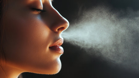 Close up portrait of a young woman with a spray of vapor.の写真素材