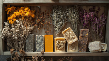 Natural handmade soap bars with dried flowers on wooden shelf. Selective focus.の写真素材