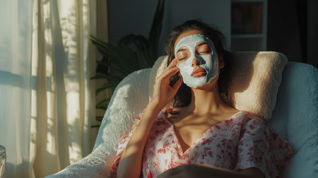 young woman with cosmetic mask on face lying in armchair at homeの写真素材