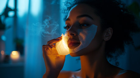 selective focus of young african american woman with vitiligo using tissue paper at home