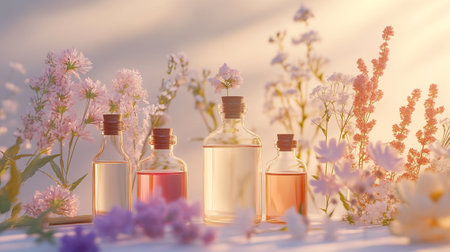 Essential oil in glass bottles with flowers on a light background.の写真素材