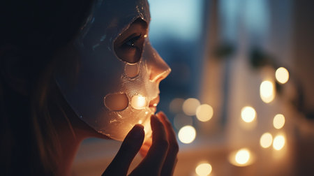 Beautiful young woman with facial mask on her face at home.の写真素材