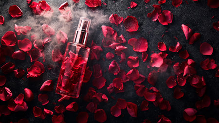 Red rose petals and perfume bottle on black background, copy spaceの写真素材