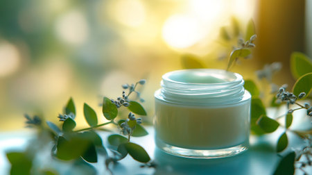 cosmetic cream in glass jar with green leaves on bokeh background