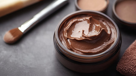 Jar of face powder and cosmetic brush on grey table, closeupの写真素材