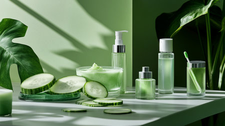 Cucumber cosmetic products with fresh cucumber slices on white tableの写真素材