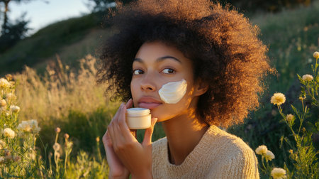 Beautiful african american woman applying cosmetic cream on her face outdoorsのeditorial素材
