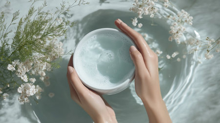 Top view of female hands holding bowl with cosmetic cream and white flowers in waterの写真素材