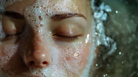 Close-up portrait of a beautiful young woman taking a bath.のeditorial素材