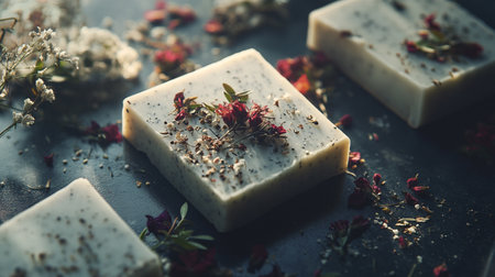 Natural handmade soap bars with dried flowers on black background, selective focusの写真素材