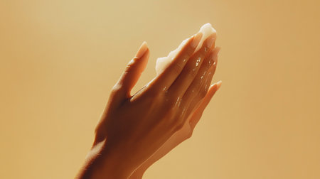 Female hands with soap on a yellow background. Close-up.の写真素材