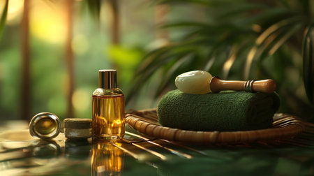 Spa composition with aroma oil and towels on table against blurred backgroundの写真素材