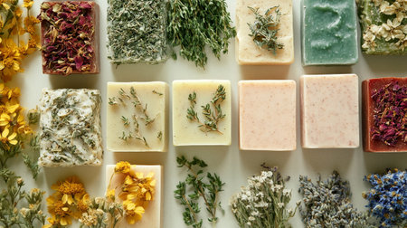 Variety of handmade soap bars on white background. Top view.
