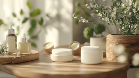 Cosmetic containers on wooden table in room, closeup. Space for textの写真素材