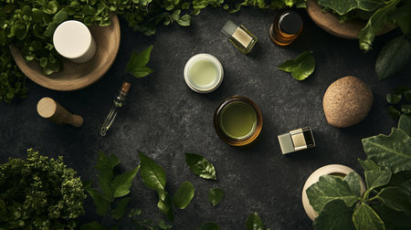 Herbal cosmetic products on dark background. Top view, flat layの写真素材