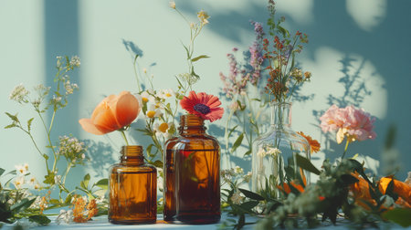 bottles of essential oil with wildflowers on a white tableの写真素材