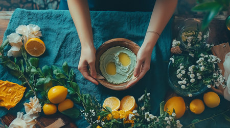 Female making a bowl of lemon-based dessert.の写真素材