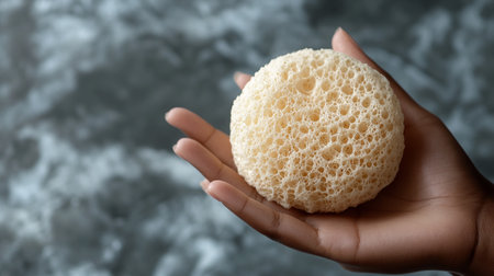 Female hand holding sponge on gray background, closeup. Space for textの写真素材