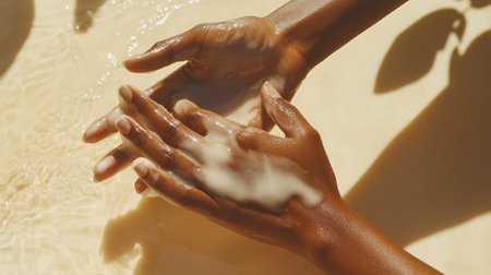 Hands of young woman washing her hands with soap on the beachの写真素材