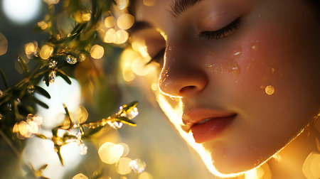 Close-up portrait of beautiful young woman with closed eyes and golden makeupのeditorial素材