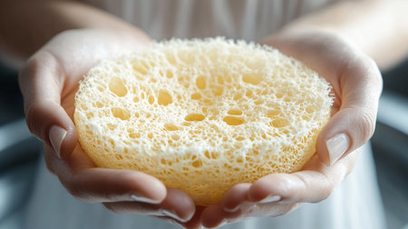 Female hands holding a sponge, close-up.の写真素材