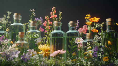 Glass bottles with essential oil and wildflowers on a dark backgroundの写真素材