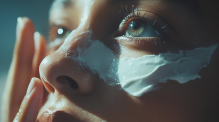 Close-up portrait of young woman with shaving foam on face.のeditorial素材