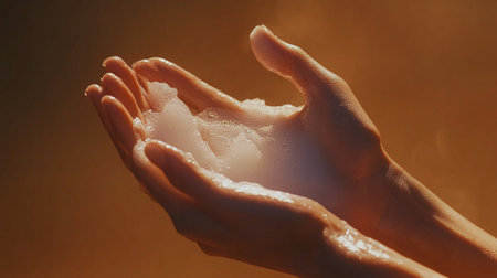 Female hands with soap on a brown background. Close-up.の写真素材