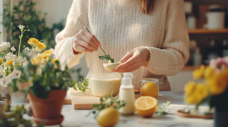 Closeup of young woman in white sweater making homemade pesto sauce in kitchen.の写真素材