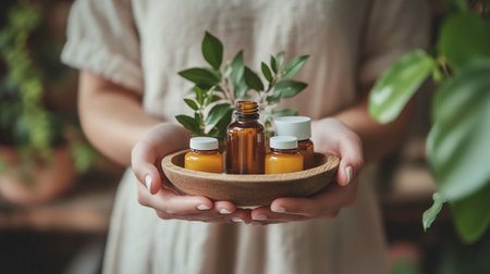 Female hands holding a bowl with bottles of essential oils and green leavesの写真素材