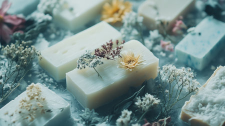 Natural handmade soap bars with dried flowers, selective focus, toned