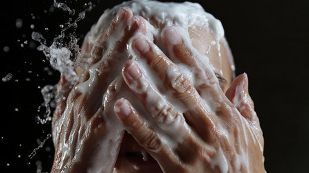 Woman washing her face with soap, water and foam. Close up.の写真素材