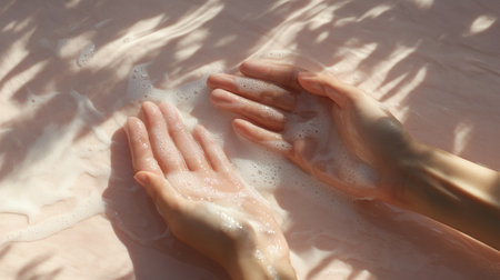 Female hands with soap on a pink background with shadows from the sun.の写真素材