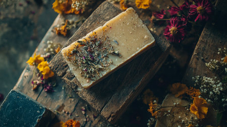 Natural handmade soap with herbs and flowers on a rustic wooden backgroundの写真素材